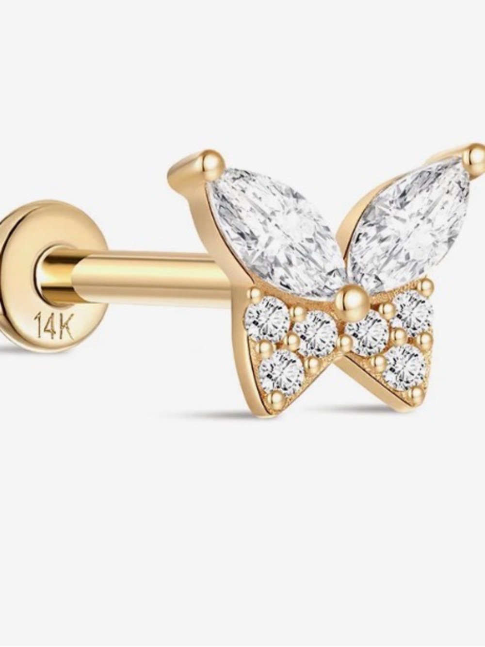 14K Gold Butterfly Cubic Zirconia Flat Back Screw Earring in Yellow Gold